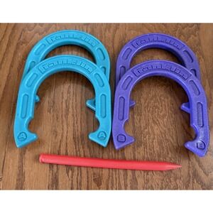 Vintage Set of Franklin Yard Horseshoes 2 Teal 2 Purple & 1 Stake